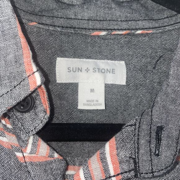 Sun + Stone Mens Medium Serape Stripe Linen/cotton Blend Button Shirt Gray Coral - Picture 3 of 7